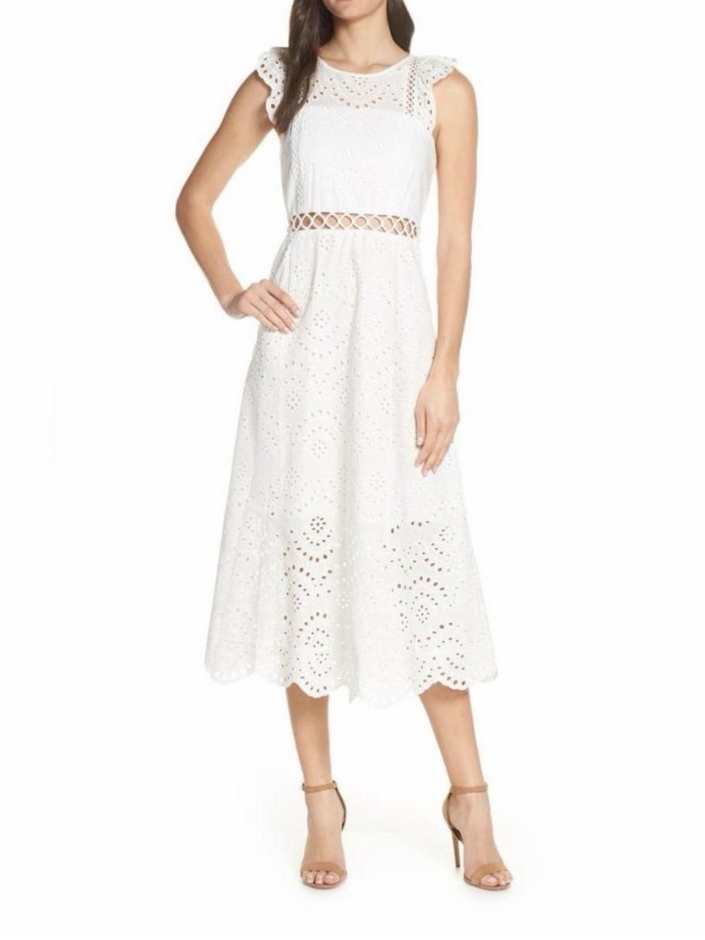 Sam Edelman White Eyelet Lace Midi Dress Cotton Size 4 Cottagecore